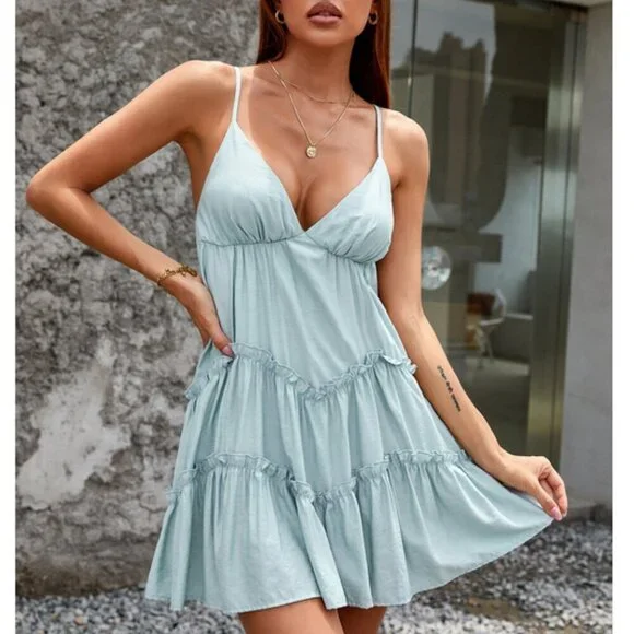 Boho Plunging Neck Ruffle Hem Mini Dress - Picture 6 of 7